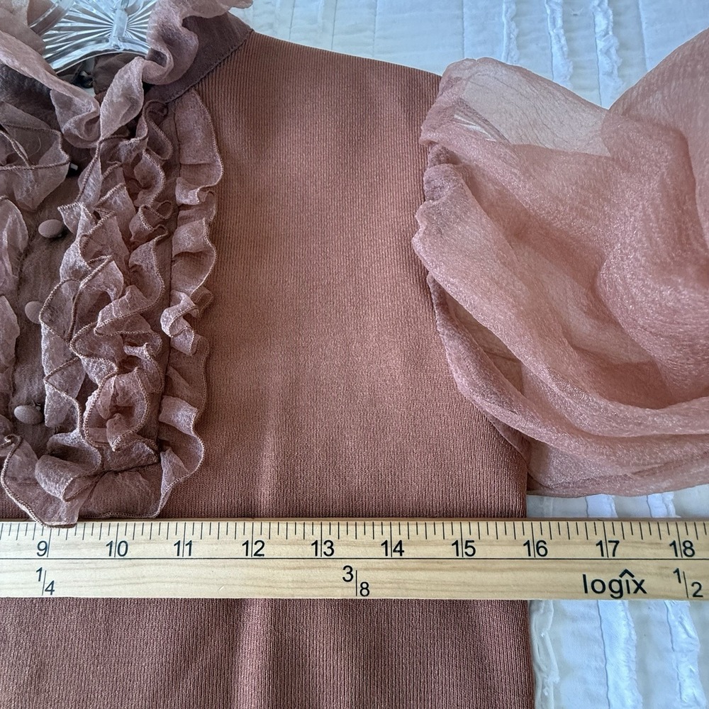 ZARA Brown/Taupe Top Organza Ruffle Woman M Poet Pirate Career Steam punk - Picture 9 of 13